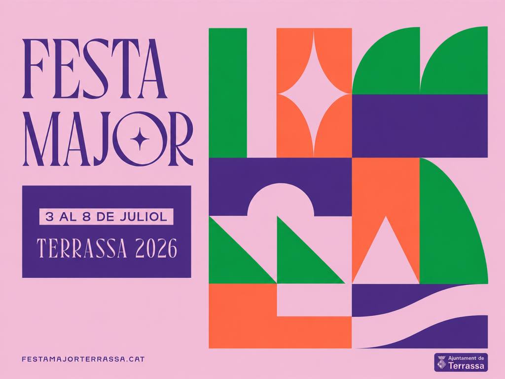 Cartell de la Festa Major de Terrassa 2026, del 3 al 8 de juliol, amb formes geomètriques de colors verd, taronja i lila sobre fons rosa.